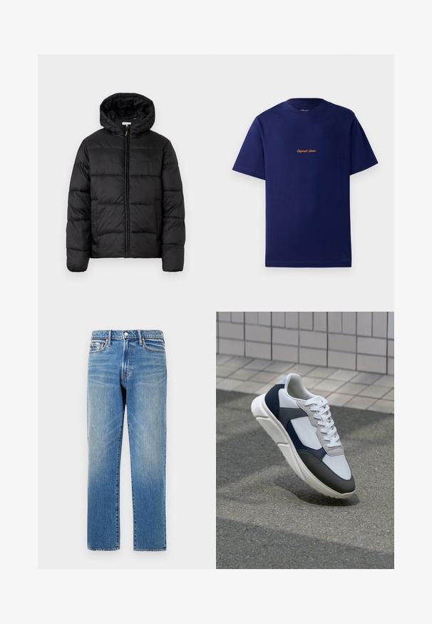 Čierna prešívaná bunda s kapucňou, s horizontálnymi prešívanými panelmi, so zipsom vpredu a hladkou, lesklou textúrou.; Námornícka modrá bavlnená tričko s krátkymi rukávmi. Obsahuje malé, oranžové vyšívané logo na hrudi. Klasický dizajn s okrúhlym výstrihom.; Svetlomodré džínsy s rovnou nohavicu, s vysokým pásom, jemným vyblednutím a šitím na vreckách a páse.; Biele, námornícke a šedé tenisky s kombinovaným materiálom, so štruktúrovaným zvrškom, plochými šnúrkami a polstrovanou podošvou.