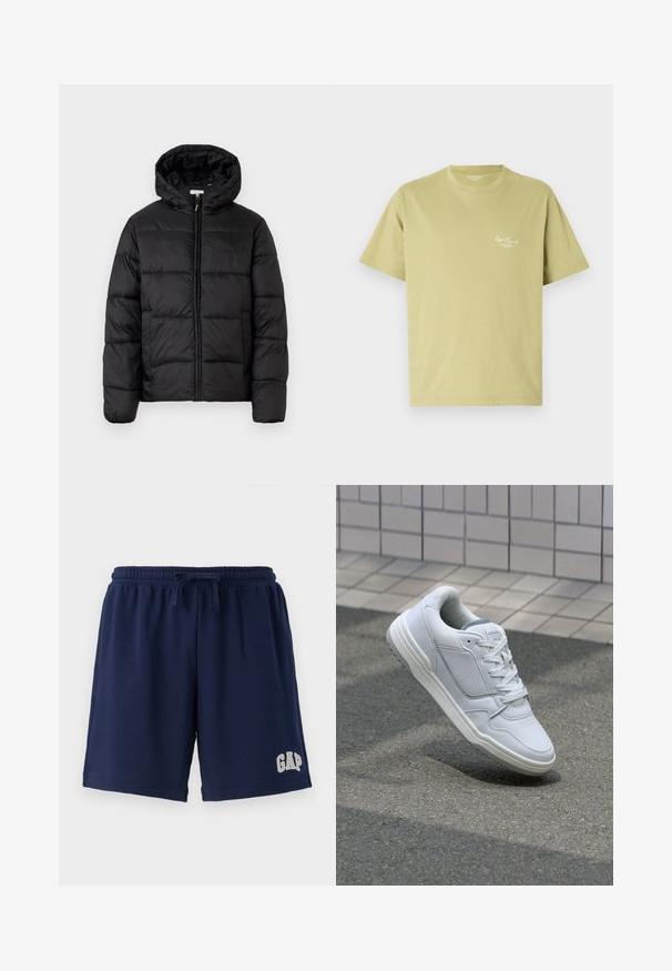 Black puffer jacket with a hood, featuring horizontal quilted panels, zip front closure, and a smooth, shiny texture.; Light green cotton t-shirt with short sleeves, a round neckline, and a small white logo text on the left chest area.; Navy blue cotton shorts with an elastic waistband and adjustable drawstring. Features a white embroidered “GAP” logo on the left leg.; White leather sneaker with perforated sides, textured accents, flat laces, and a contrasting gray heel. Features a slightly elevated sole.