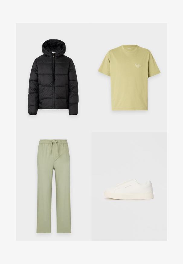 Casaco puffer preto com capuz, apresentando painéis acolchoados horizontais, fecho com zíper na frente e uma textura suave e brilhante.; T-shirt de algodão verde claro com mangas curtas, decote redondo e um pequeno texto de logotipo branco na área do peito esquerdo.; Calças em verde oliva claro, feitas de tecido suave. Possuem um cós elástico com cordão de ajuste e pernas largas de corte reto.; Sapatilhas brancas de atacar com uma superfície texturizada, sola grossa e design minimalista. Possui o logo da marca na lateral.