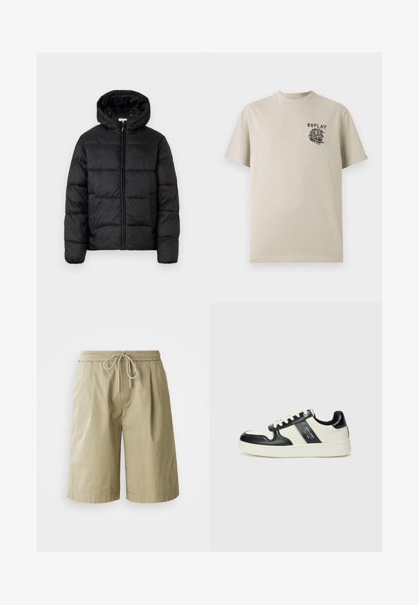 Fekete puffermellény kapucnival, vízszintes steppelésekkel, cipzáros elülső záródással és sima, fényes felülettel.; Beige pamut póló kerek nyakkivágással és rövid ujjakkal. Az elülső részen fekete illusztrált grafika és a "REPLAY" szó található.; Beige pamut rövidnadrág elasztikus derékkal és zsinórral. Oldalsó zsebekkel rendelkezik és laza, egyenes szabású.; Fekete és krém színű bőrsneaker, perforált díszítésekkel, párnázott bokapánttal és texturált talppal.