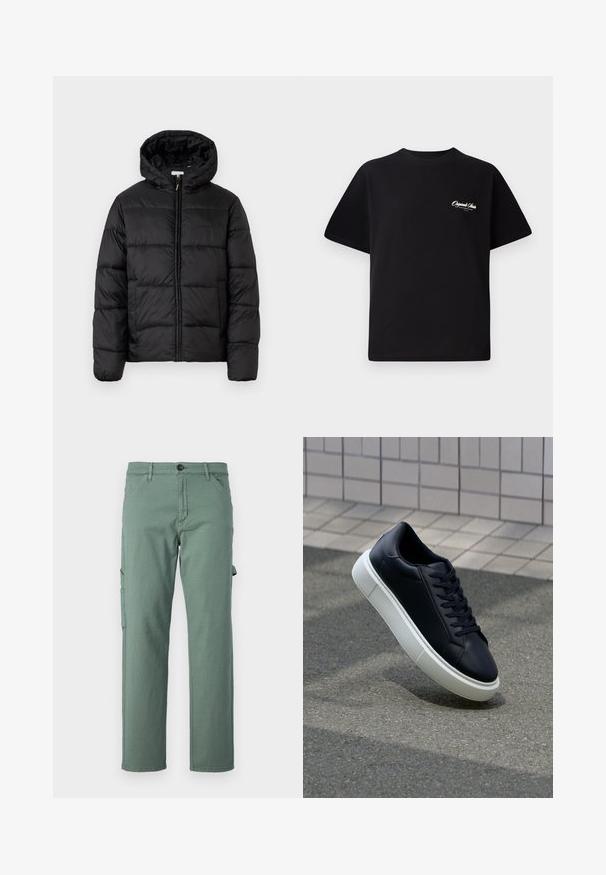 Casaco puffer preto com capuz, apresentando painéis acolchoados horizontais, fecho com zíper na frente e uma textura suave e brilhante.; T-shirt de algodão preto com decote redondo, mangas curtas e pequeno texto de logo branco no lado esquerdo do peito. Design simples, corte clássico.; Calças cargo verdes feitas de um tecido durável, com um design de perna reta, bolsos laterais e fecho de botão. Textura suave e estilo minimalista.; Sapatilha de couro preto com bico arredondado e sola de borracha branca. Apresenta atacadores planos e costuras mínimas na parte superior. Sola texturizada para melhor aderência.