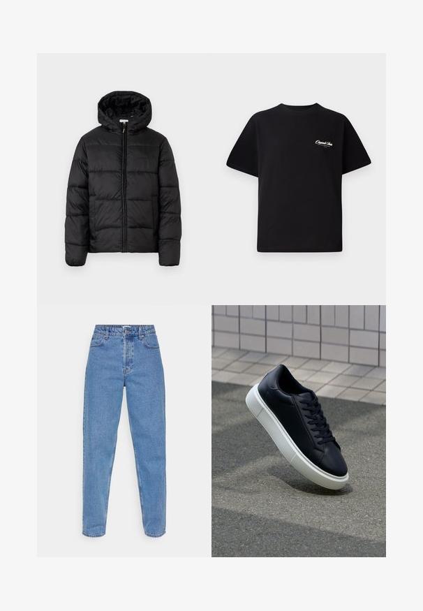 Mustapukuinen puhvijakku, jossa on huppu, vaakasuorat tikatut paneelit, vetoketjukiinnitys ja sileä, kiiltävä pinta.; Mustat puuvillateepaidat, joissa on pyöreä kaula-aukko, lyhyet hihat ja pieni valkoinen logoteksti vasemmassa rinnassa. Yksinkertainen suunnittelu, klassinen istuvuus.; Vaaleansinisiä farkkuja, korkea vyötärö ja suora lahkeen leikkaus, joissa on viisi taskua sekä klassinen nappi- ja vetoketjukiinnitys.; Mustat nahkakengät, joissa on pyöristetty kärki ja valkoinen kumipohja. Varusteena litteät nauhat ja minimaalinen ommel ylhäällä. Teksturoitu pohja pitävyyden lisäämiseksi.