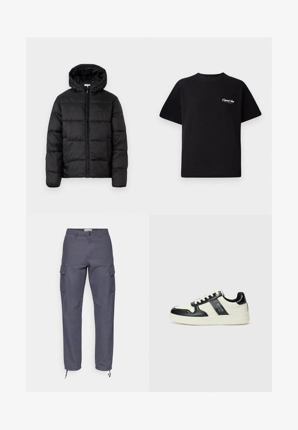Svart puffjakke med hette, med horisontale quiltpaneler, glidelås foran og en glatt, shiny tekstur.; Svart bomull t-skjorte med rund hals, korte ermer og liten hvit logo-tekst på venstre bryst. Enkel design, klassisk passform.; Cargo bukser i mørkegrå bomull. Har sidelommer, knappestengning og justerbare nederkant med snorer. Rett ben-design med sømløs tekstur.; Lædersneakers med sort og creme farveskema, der har perforerede detaljer, en polstret krave og en struktureret ydersål.