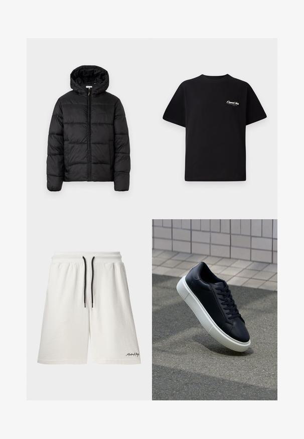 Casaco puffer preto com capuz, apresentando painéis acolchoados horizontais, fecho com zíper na frente e uma textura suave e brilhante.; T-shirt de algodão preto com decote redondo, mangas curtas e pequeno texto de logo branco no lado esquerdo do peito. Design simples, corte clássico.; Calções brancos de algodão com um cós ajustável por cordão e detalhes em preto. Inclui bolsos laterais e um pequeno logo na bainha. Textura suave.; Sapatilha de couro preto com bico arredondado e sola de borracha branca. Apresenta atacadores planos e costuras mínimas na parte superior. Sola texturizada para melhor aderência.