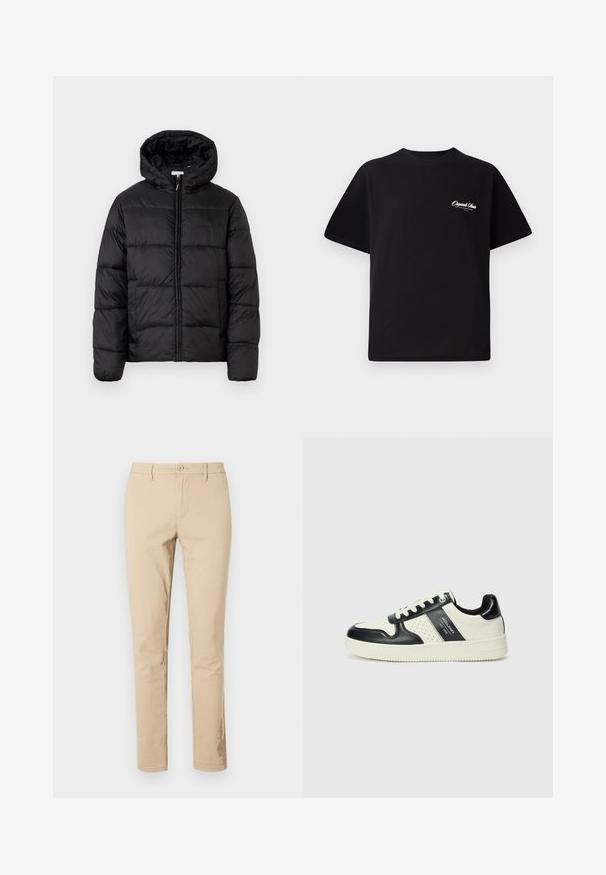 Svart puffjakke med hette, med horisontale quiltpaneler, glidelås foran og en glatt, shiny tekstur.; Svart bomull t-skjorte med rund hals, korte ermer og liten hvit logo-tekst på venstre bryst. Enkel design, klassisk passform.; Beige bomullbukser med klassisk passform, glidelås med knappelukking, beltehanker og rene hem. Ingen synlige mønstre eller detaljer.; Lædersneakers med sort og creme farveskema, der har perforerede detaljer, en polstret krave og en struktureret ydersål.