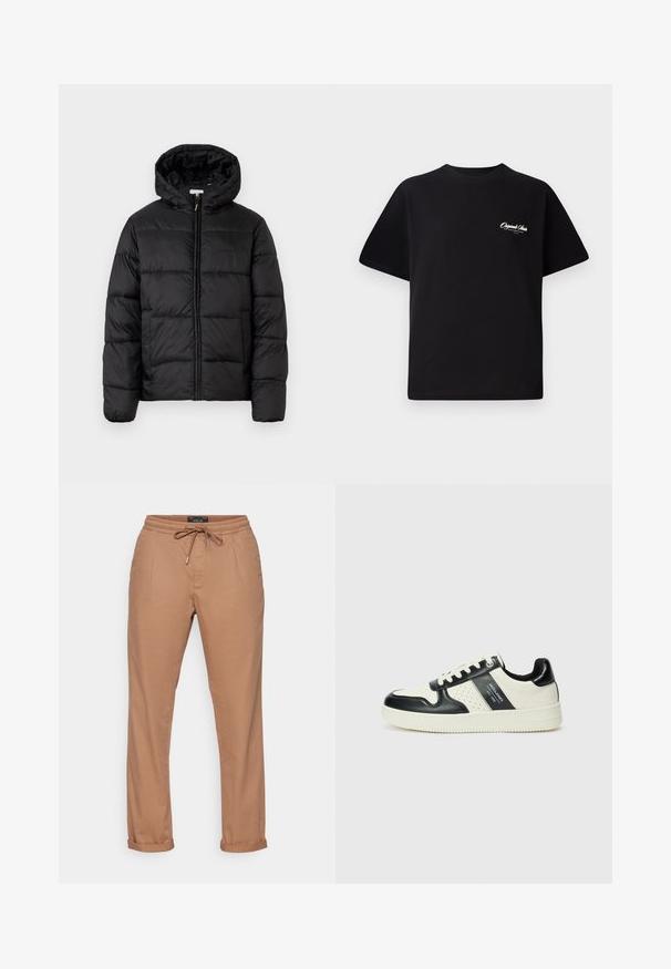 Črna pufasta bunda s kapuco, ki ima vodoravne prešite plošče, sprednje zapiranje na zadrgo in gladko, sijočo teksturo.; Črna bombažna majica s krožno ovratnikom, kratkimi rokavi in majhnim belim logotipom na levem prsnem delu. Preprost dizajn, klasičen kroj.; Beige bombažne hlače z vrvico, ravnim krojem, stranskimi žepi in manšetami na koncih. Gladka tekstura, minimalni okraski.; Usnjeni športni čevlji z črno in krem barvno shemo, ki vključujejo perforirane dodatke, podložen ovratnik in strukturirano podplat.