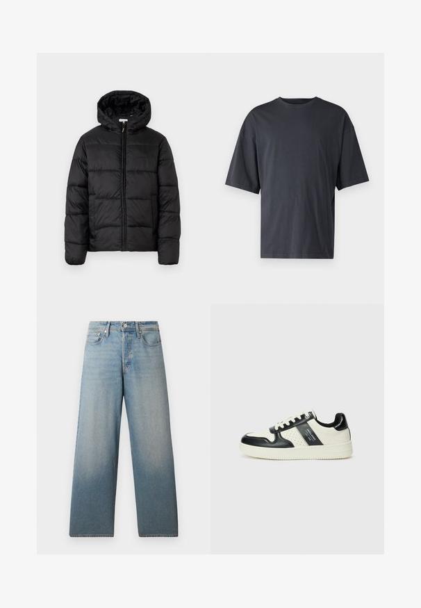 Giacca a vento nera con cappuccio, caratterizzata da pannelli trapuntati orizzontali, chiusura frontale con zip e una texture liscia e lucida.; T-shirt corto a maniche corte di colore grigio scuro realizzato in cotone leggero, con vestibilità ampia e colletto girocollo classico, caratterizzato da una texture liscia e senza motivi.; Jeans a gamba larga di un blu chiaro, realizzati in denim. Presentano una vita alta, un classico design a cinque tasche e un leggero sbiadimento per un effetto usurato.; Sneakers in pelle con una combinazione di colori nero e crema, dotati di dettagli perforati, collare imbottito e suola testurizzata.