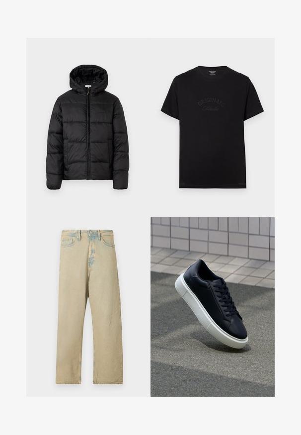 Jachetă puffer neagră cu glugă, cu panouri quilted orizontale, închidere prin fermoar și o textură netedă, lucioasă.; Tricou din bumbac negru, cu mâneci scurte și guler rotund. Prezintă inscripția "ORIGINALS Studio" debossată în tonuri pe partea din față.; Pantaloni din denim bej cu o croială lejeră, având o nuanță decolorată și accente subtile de albastru deschis la talie și la margini.; Tenis cu piele neagră, cu vârful rotund și talpă din cauciuc alb. Are șireturi plate și cusături minime pe suprafață. Tălpile texturate oferă aderență.