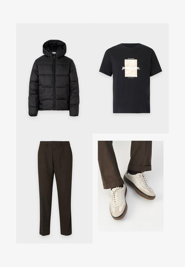 Melnā pūkainā jaka ar kapuci, ar horizontāliem quiltotiem paneļiem, ar rāvējslēdzēju priekšpusē un gludu, spīguļojošu tekstūru.; Melna kokvilnas T-kreklā ar apaļu kakla izgriezumu. Priekšpusē ir beigu taisnstūra grafika un balti burti "JAWO", kas ir centrēti. Īsas piedurknes.; Brūnas pielāgotas bikses ar taisnu kāju dizainu, ar gludu faktūru, jostas cilpām un sānu kabatām. Piemērotas formālai apģērba lietošanai.; Beidzī lasi ar strukturētu zamšādu priekšpusi, gludiem ādas sāniem un brūnu gumijas zoli. Iekļauti auklas un viegla šuvuma detaļas.