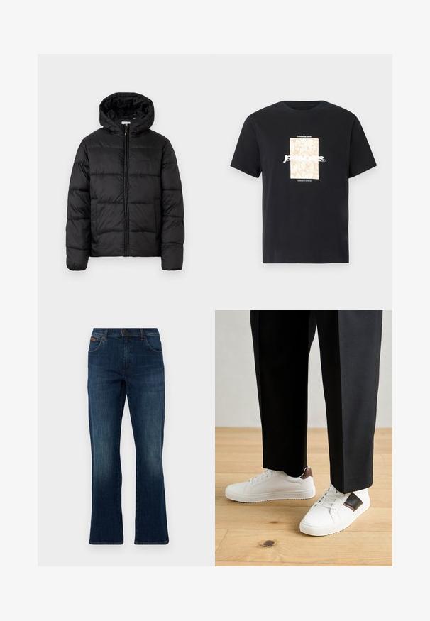 Juodas pūkinis švarkas su kapišonu, su horizontaliai siuvinėtais audinio ruožais, priekyje užsegamas užtrauktuku ir turintis lygią, blizgią tekstūrą.; Juodas medvilninis marškinėliai su apvaliu kaklu. Ant priekinės pusės yra smėlio spalvos stačiakampis grafikas ir baltas tekstas "JAWO", centrinėje dalyje. Trumpi rankoviai.; Tamsiai mėlynos džinsinės platėjančios kelnės su penkių kišenių dizainu, priekyje užsegamos mygtuku ir subtilia blukimo detale iš šlaunų, suteikiančia tekstūros variaciją.; Balti sportbačiai su glotnia danga, puošti rudais odiniais akcentais ir juodais detalėmis, derinami su juodais pritaikytais kelnėmis. Medinių grindų fonas.