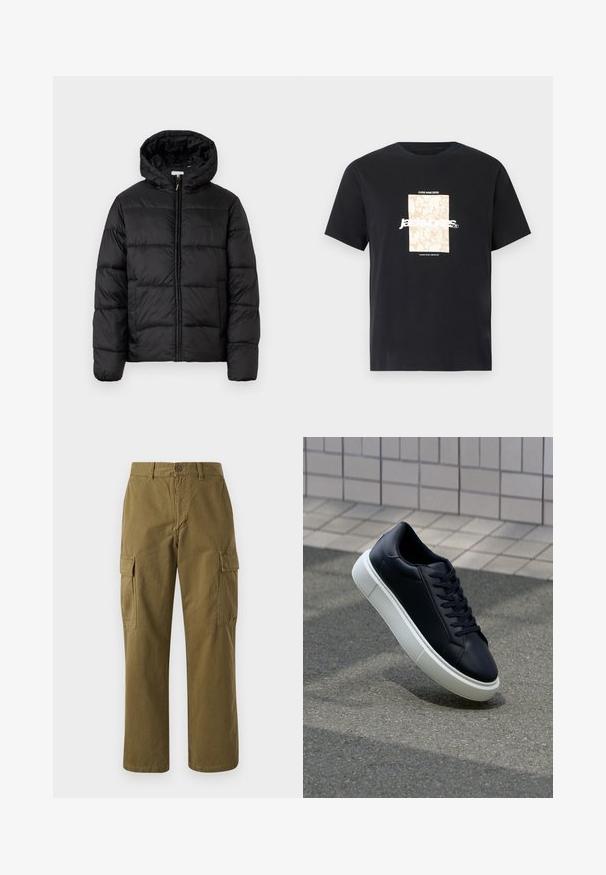 Črna pufasta bunda s kapuco, ki ima vodoravne prešite plošče, sprednje zapiranje na zadrgo in gladko, sijočo teksturo.; Črna bombažna majica s krožnim izrezom. Ima bež pravokoten grafični vzorec in belo besedilo "JAWO," sredi spredaj. Kratke rokave.; Olive zelene cargo hlače iz bombaža, z ravnim krojem, sprednjim gumbom in dvema stranskima žepoma s poklopci.; Črne usnjene superge z zaobljenim prstom in belim gumijastim podplat. Imajo ravne vezalke in minimalno šivanje na zgornjem delu. Teksturirani podplat za oprijem.