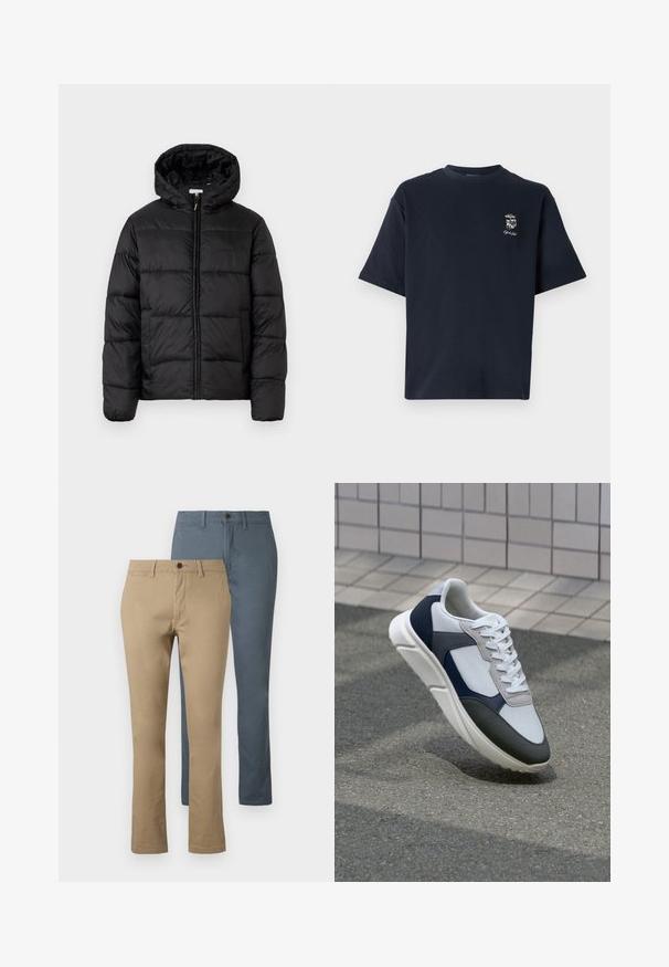 Svart puffjakke med hette, med horisontale quiltpaneler, glidelås foran og en glatt, shiny tekstur.; Marineblå bomull T-skjorte med korte ermer, rund hals og en liten brodert grafikk på venstre bryst.; To par med rette benbukser: en i khaki og en i mørkeblå. Lavet af bomuldsstof; har en talje og knaplukning.; Hvitt, marineblått og grått sportsko med en blandet materialdesign, som har en teksturert overdel, flate snørebånd og en polstret såle.