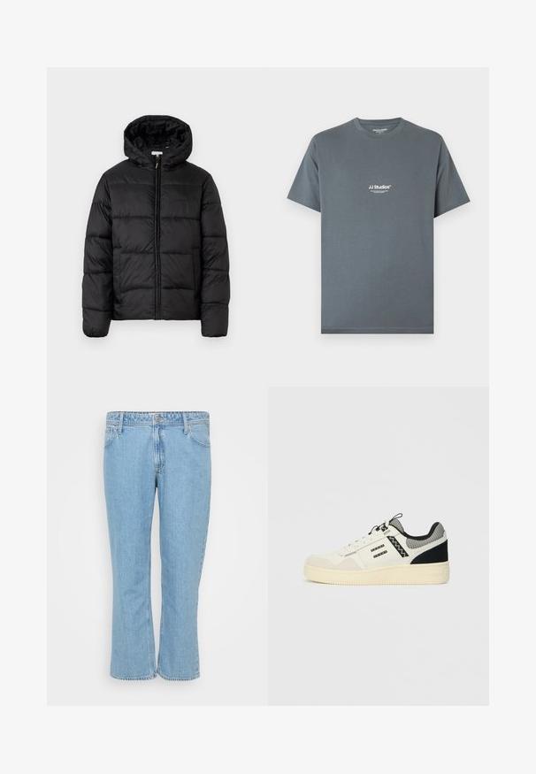 Μαύρο μπουφάν με κουκούλα, με οριζόντια καπιτονέ πάνελ, κλείσιμο με φερμουάρ μπροστά και λεία, γυαλιστερή υφή.; Γκρι βαμβακερό T-shirt με στρογγυλή λαιμόκοψη. Διαθέτει λευκή ένδειξη "JJ Studios" στο στήθος. Κοντά μανίκια και άνετη εφαρμογή.; Ανοιχτό μπλε τζιν με σχέδιο ίσιας πόδας, διαθέτοντας πέντε τσέπες και κλείσιμο με κουμπί στη μέση.; Λευκό αθλητικό παπούτσι με υφή από σουέτ και δέρμα, μαύρες λεπτομέρειες, πλέγμα στον λαιμό, σχέδιο με κορδόνια και χοντρή καουτσούκ σόλα.