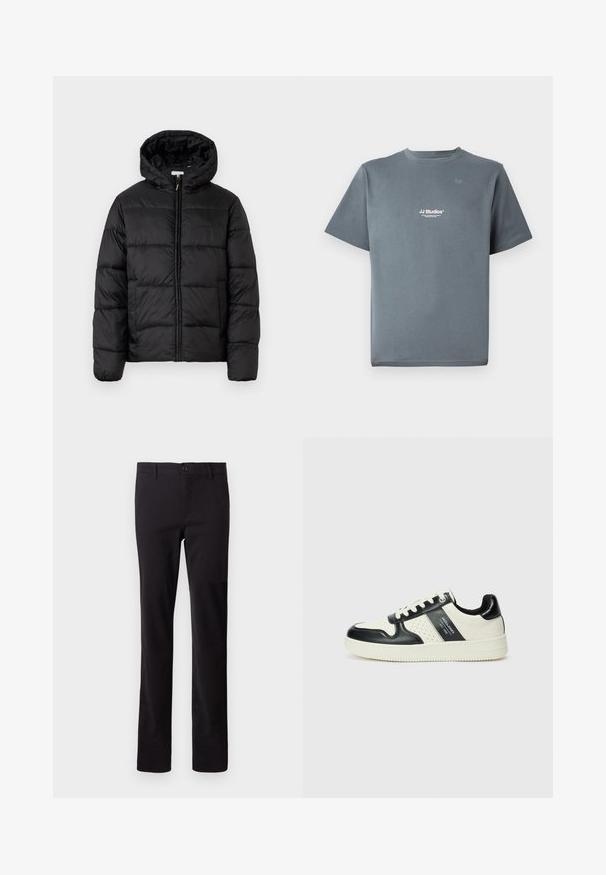 Casaco puffer preto com capuz, apresentando painéis acolchoados horizontais, fecho com zíper na frente e uma textura suave e brilhante.; T-shirt cinzenta de manga curta feita de algodão macio, com decote redondo e um pequeno logótipo branco "JJ Studios" no peito.; Calças pretas feitas de tecido de algodão misto; apresentam um design de perna reta e fecho frontal com botão. Sem padrões ou adornos visíveis.; Ténis de couro com um esquema de cores em preto e creme, apresentando detalhes perfurados, um colarinho acolchoado e uma sola texturizada.