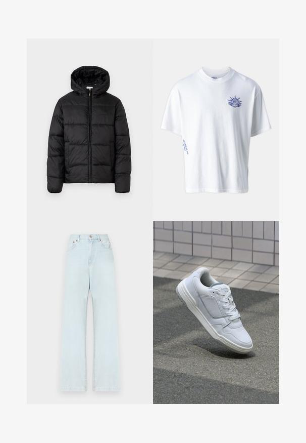 Zwarte pufferjack met een capuchon, met horizontale gestikte panelen, ritssluiting aan de voorkant en een gladde, glanzende textuur.; Replay M9Z1 T-SHIRT - T-shirt print - off white; Lichtblauwe denim jeans met een rechte pasvorm, vijf zakken, een knoopsluiting en minimale stikdetails.; Witte lederen sneaker met geperforeerde zijkanten, gestructureerde accenten, platte veters en een contrasterende grijze hiel. Voorzien van een iets verhoogde zool.