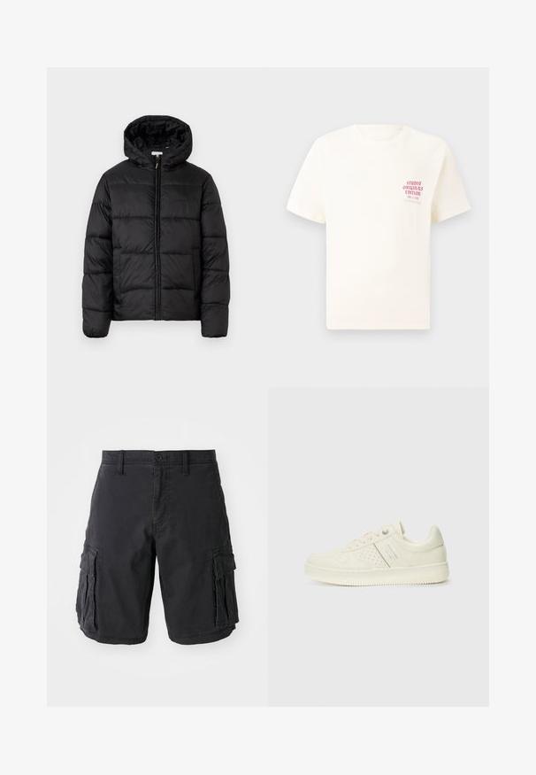 Fekete puffermellény kapucnival, vízszintes steppelésekkel, cipzáros elülső záródással és sima, fényes felülettel.; Fehér, rövid ujjú póló, bal mellen piros szöveggel "Studio Originals Edition", semleges szürke háttér előtt.; Fekete tehernadrág, pamutból készült, több oldalsó zsebbel, gombos zárással és laza fazonnal. Simább textúra és strapabíró varrás.; Krém színű sneaker perforált részletekkel, fűzőkkel és logóval az oldalán, egy sima fehér háttér előtt kiállítva.