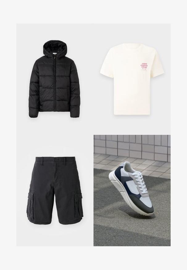 Fekete puffermellény kapucnival, vízszintes steppelésekkel, cipzáros elülső záródással és sima, fényes felülettel.; Fehér, rövid ujjú póló, bal mellen piros szöveggel "Studio Originals Edition", semleges szürke háttér előtt.; Fekete tehernadrág, pamutból készült, több oldalsó zsebbel, gombos zárással és laza fazonnal. Simább textúra és strapabíró varrás.; Fehér, tengerészkék és szürke sneaker vegyes anyagokból készült dizájnnal, amely textúrázott felsőrésszel, lapos fűzőkkel és párnázott talppal rendelkezik.