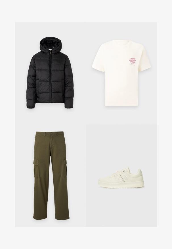Fekete puffermellény kapucnival, vízszintes steppelésekkel, cipzáros elülső záródással és sima, fényes felülettel.; Fehér, rövid ujjú póló, bal mellen piros szöveggel "Studio Originals Edition", semleges szürke háttér előtt.; Olívazöld cargo nadrág egyenes lábbal, oldal zsebekkel, gombos záródással és tartós anyaggal.; Krém színű sneaker perforált részletekkel, fűzőkkel és logóval az oldalán, egy sima fehér háttér előtt kiállítva.