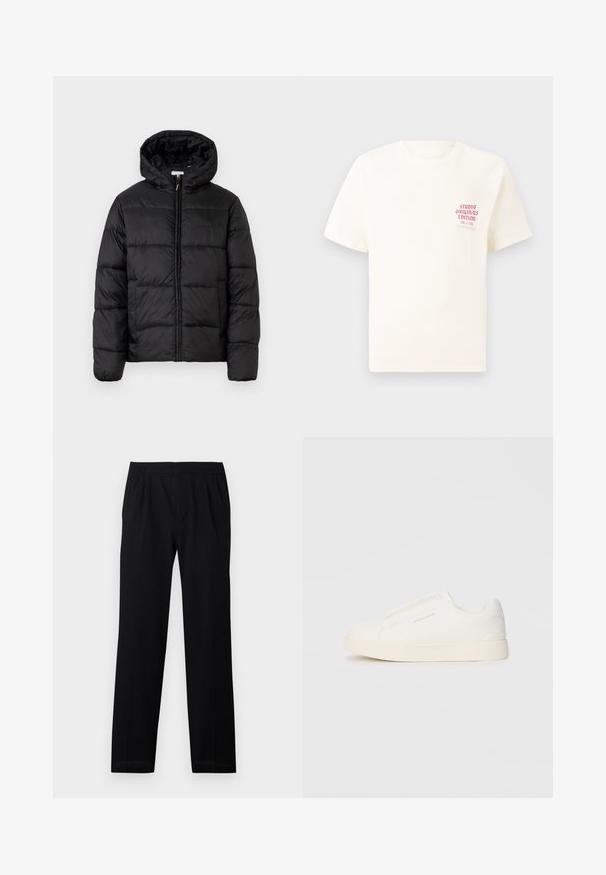Casaco puffer preto com capuz, apresentando painéis acolchoados horizontais, fecho com zíper na frente e uma textura suave e brilhante.; T-shirt branca de mangas curtas com o texto vermelho "Edição Originais do Estúdio" no lado esquerdo do peito, apresentada sobre um fundo cinza neutro.; Calças pretas com cintura elástica, pernas retas e pregas subtis. Textura suave e material leve. Sem padrões visíveis.; Sapatilhas brancas de atacar com uma superfície texturizada, sola grossa e design minimalista. Possui o logo da marca na lateral.