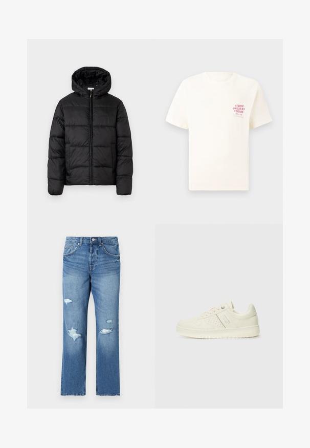 Czarna kurtka puchowa z kapturem, z poziomymi pikowanymi panelami, zapinana na zamek błyskawiczny z przodu i o gładkiej, błyszczącej fakturze.; Biała koszulka z krótkim rękawem z czerwonym napisem "Studio Originals Edition" po lewej stronie klatki piersiowej, wyeksponowana na neutralnym szarym tle.; Jasnoniebieskie dżinsy o regularnym kroju, z przetarciami i postrzępionymi krawędziami. Zapięcie na guzik i pięć kieszeni.; Kremowe sneakersy z perforowanymi detalami, sznurowadłami i logo z boku, prezentowane na jednolitym białym tle.