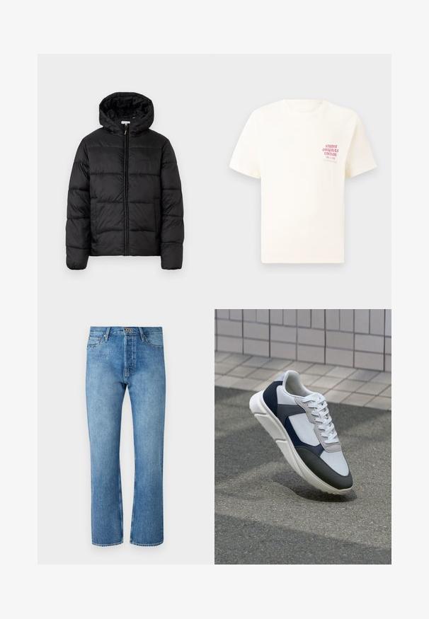 Crna puffer jakna s kapuljačom, koja ima horizontalne kvadratne panele, zatvaranje na zip sprijeda i glatku, sjajnu teksturu.; Bijela kratka majica s kratkim rukavima s crvenim natpisom "Studio Originals Edition" na lijevoj strani grudi, prikazana na neutralnoj sivoj pozadini.; Svijetloplave traperice ravnog kroja, s klasičnim dizajnom s pet džepova, zatvaranjem na dugme i kontrastnim šavovima.; Bijela, mornarsko plava i siva tenisica s dizajnom od miješanih materijala, koja ima teksturirani gornji dio, ravne vezice i udoban đon.