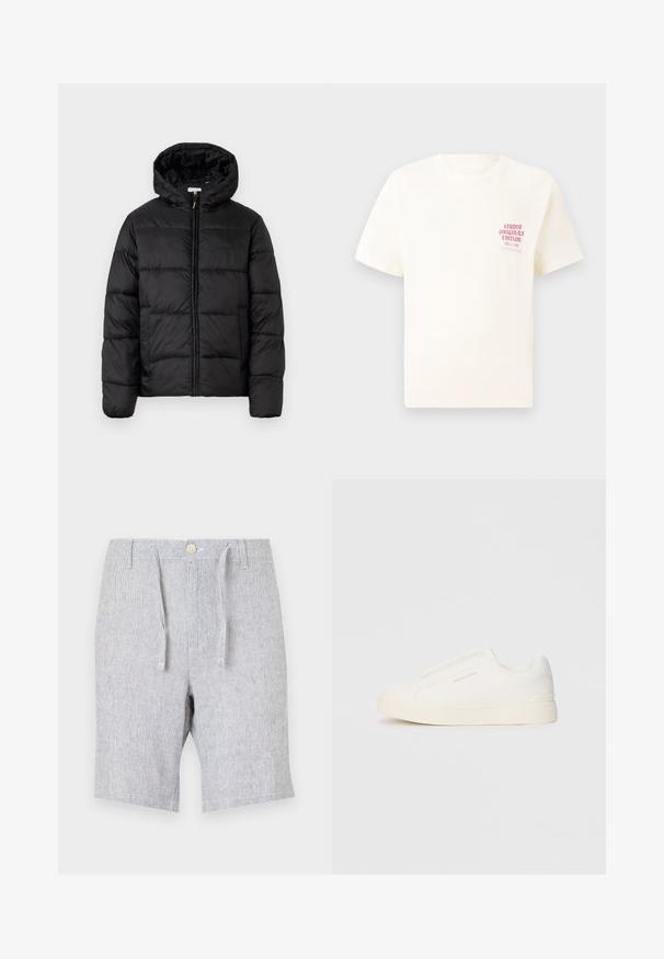 Casaco puffer preto com capuz, apresentando painéis acolchoados horizontais, fecho com zíper na frente e uma textura suave e brilhante.; T-shirt branca de mangas curtas com o texto vermelho "Edição Originais do Estúdio" no lado esquerdo do peito, apresentada sobre um fundo cinza neutro.; Calças curtas cinza claro feitas de um tecido texturizado, com um cordão e fecho de botão, apresentando dois bolsos laterais e um design de perna reta.; Sapatilhas brancas de atacar com uma superfície texturizada, sola grossa e design minimalista. Possui o logo da marca na lateral.