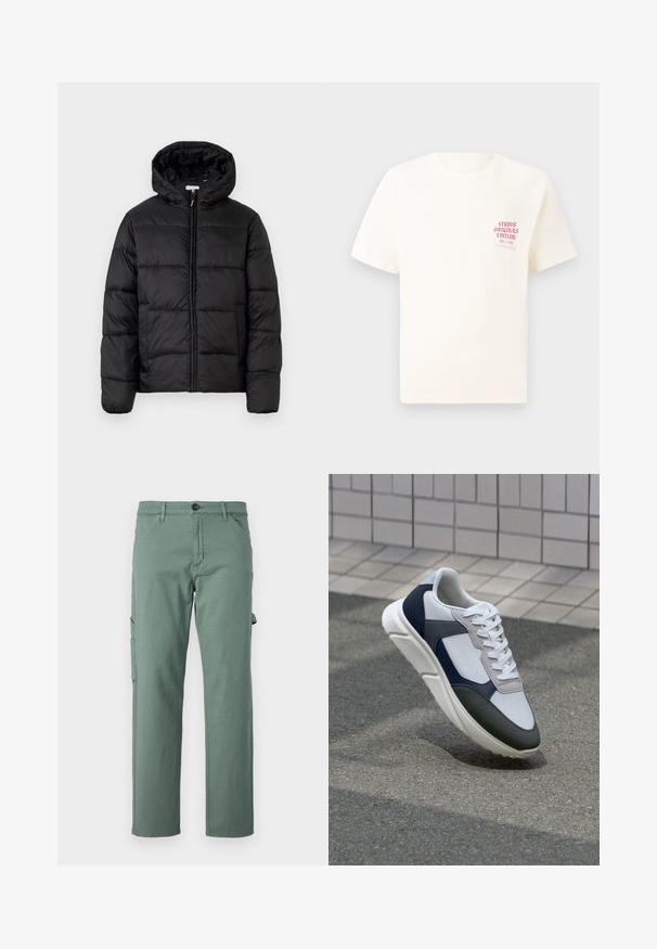 Casaco puffer preto com capuz, apresentando painéis acolchoados horizontais, fecho com zíper na frente e uma textura suave e brilhante.; T-shirt branca de mangas curtas com o texto vermelho "Edição Originais do Estúdio" no lado esquerdo do peito, apresentada sobre um fundo cinza neutro.; Calças cargo verdes feitas de um tecido durável, com um design de perna reta, bolsos laterais e fecho de botão. Textura suave e estilo minimalista.; Sapatilhas brancas, azuis-marinho e cinzas com um design de materiais mistos, apresentando uma parte superior texturizada, atacadores planos e uma sola acolchoada.