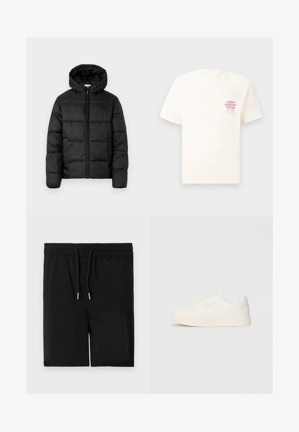 Casaco puffer preto com capuz, apresentando painéis acolchoados horizontais, fecho com zíper na frente e uma textura suave e brilhante.; T-shirt branca de mangas curtas com o texto vermelho "Edição Originais do Estúdio" no lado esquerdo do peito, apresentada sobre um fundo cinza neutro.; Calções pretos feitos de um tecido suave, apresentando uma cintura elástica com cordão e uma textura lisa. Sem bolsos ou adornos adicionais.; Sapatilhas brancas de atacar com uma superfície texturizada, sola grossa e design minimalista. Possui o logo da marca na lateral.