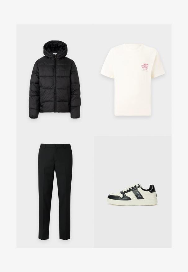 Svart puffjakke med hette, med horisontale quiltpaneler, glidelås foran og en glatt, shiny tekstur.; Hvit T-skjorte med korte ermer og rød tekst "Studio Originals Edition" på venstre bryst, vist på en nøytral grå bakgrunn.; Sorte skreddersydde bukser laget av et glatt stoff, med en pen midje, frontlommer og smale rette ben.; Lædersneakers med sort og creme farveskema, der har perforerede detaljer, en polstret krave og en struktureret ydersål.