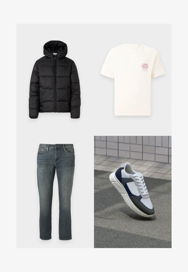 Jachetă puffer neagră cu glugă, cu panouri quilted orizontale, închidere prin fermoar și o textură netedă, lucioasă.; Tricou alb cu mânecă scurtă, având text roșu "Studio Originals Edition" pe partea stângă a pieptului, expus pe un fundal gri neutru.; Blugi cu picior drept, de culoare albastră, cu o ușoară decolorare pe coapse și genunchi, cu închidere frontală cu nasture și fermoar, și design cu cinci buzunare.; Tenisi albi, bleumarin și gri, cu un design din materiale mixte, având un superior texturat, șireturi plate și o talpă căptușită.