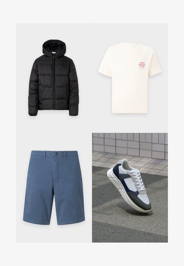 Czarna kurtka puchowa z kapturem, z poziomymi pikowanymi panelami, zapinana na zamek błyskawiczny z przodu i o gładkiej, błyszczącej fakturze.; Biała koszulka z krótkim rękawem z czerwonym napisem "Studio Originals Edition" po lewej stronie klatki piersiowej, wyeksponowana na neutralnym szarym tle.; GAP - Szorty; Białe, granatowe i szare sneakersy o mieszanej konstrukcji, z teksturowanym wierzchem, płaskimi sznurowadłami i amortyzowaną podeszwą.