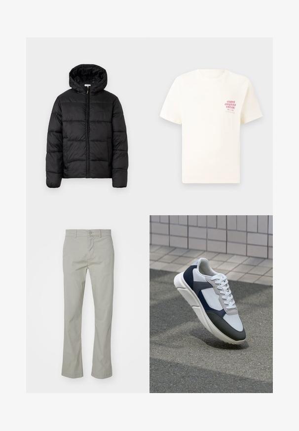 Crna puffer jakna s kapuljačom, koja ima horizontalne kvadratne panele, zatvaranje na zip sprijeda i glatku, sjajnu teksturu.; Bijela kratka majica s kratkim rukavima s crvenim natpisom "Studio Originals Edition" na lijevoj strani grudi, prikazana na neutralnoj sivoj pozadini.; Svijetlosive pamučne chinos hlače ravnog kroja, sa zatvaračem i dugmetom te prednjim džepovima. Glatka tekstura s rubovima koji su završeni.; Bijela, mornarsko plava i siva tenisica s dizajnom od miješanih materijala, koja ima teksturirani gornji dio, ravne vezice i udoban đon.