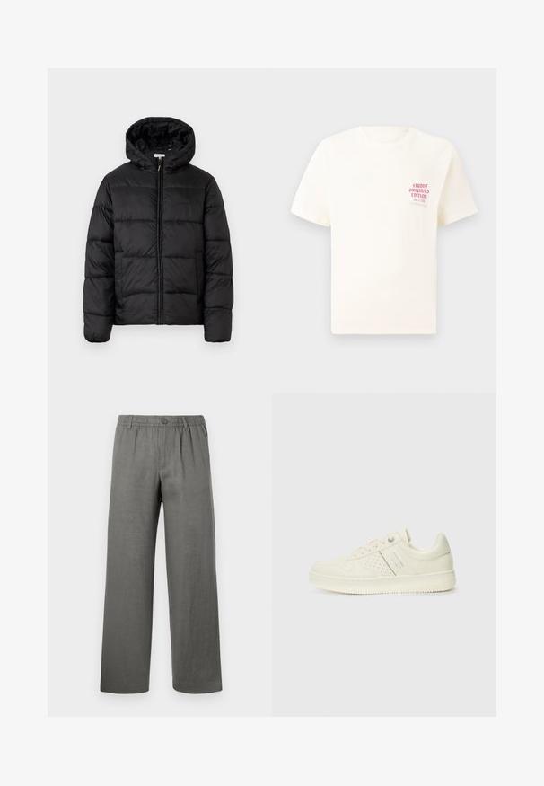 Giacca a vento nera con cappuccio, caratterizzata da pannelli trapuntati orizzontali, chiusura frontale con zip e una texture liscia e lucida.; T-shirt bianco a maniche corte con testo rosso "Studio Originals Edition" sul lato sinistro del petto, esposto su uno sfondo grigio neutro.; Pantaloni di lino grigi con vestibilità rilassata, vita elastica, chiusura con bottone e gambe dritte. Texture liscia, design minimalista.; Sneaker color crema con dettagli perforati, lacci e logo sul lato, esposta su uno sfondo bianco semplice.