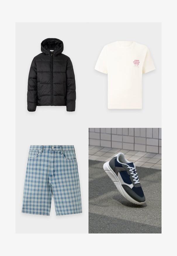 Casaco puffer preto com capuz, apresentando painéis acolchoados horizontais, fecho com zíper na frente e uma textura suave e brilhante.; T-shirt branca de mangas curtas com o texto vermelho "Edição Originais do Estúdio" no lado esquerdo do peito, apresentada sobre um fundo cinza neutro.; Calças de xadrez azul claro em tecido de mistura de algodão, com design de cinco bolsos, fecho de botão e um corte relaxado. A textura é suave e macia.; Sapatilha com parte superior em malha azul-marinho, detalhes em camurça cinza, sola de borracha branca e atacadores brancos planos, projetada para conforto e respirabilidade.