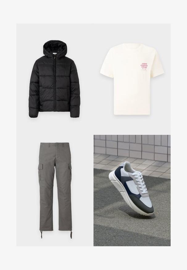Black puffer jacket with a hood, featuring horizontal quilted panels, zip front closure, and a smooth, shiny texture.; White short-sleeve T-shirt with red text "Studio Originals Edition" on left chest, displayed on a neutral gray background.; Gray cargo pants featuring a straight-leg design, multiple side pockets, and adjustable toggle closures at the ankles. Made of durable fabric.; White, navy, and gray sneaker with a mixed material design, featuring a textured upper, flat laces, and a cushioned sole.