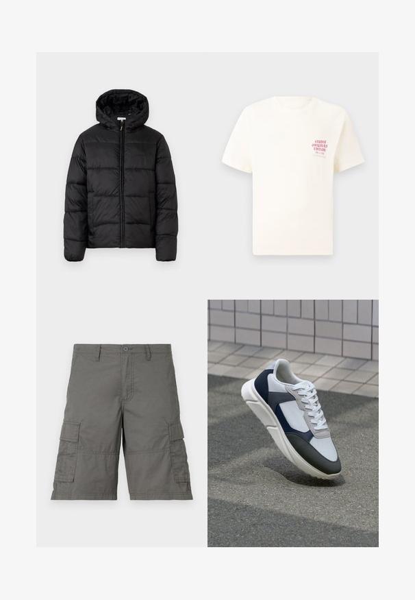 Black puffer jacket with a hood, featuring horizontal quilted panels, zip front closure, and a smooth, shiny texture.; White short-sleeve T-shirt with red text "Studio Originals Edition" on left chest, displayed on a neutral gray background.; Gray cargo shorts featuring a button closure, multiple side pockets, and stitching details. Made from lightweight, durable fabric.; White, navy, and gray sneaker with a mixed material design, featuring a textured upper, flat laces, and a cushioned sole.