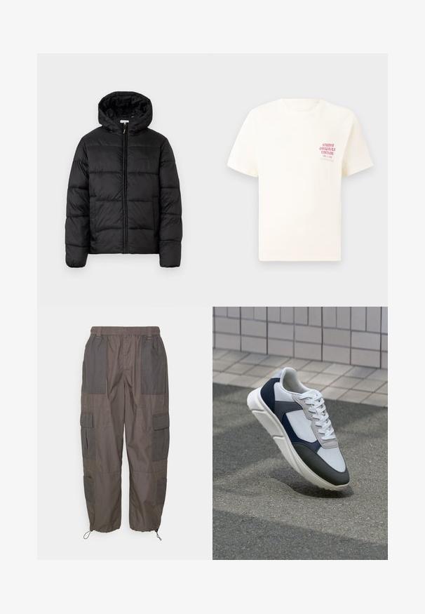 Juodas pūkinis švarkas su kapišonu, su horizontaliai siuvinėtais audinio ruožais, priekyje užsegamas užtrauktuku ir turintis lygią, blizgią tekstūrą.; Balta trumpa rankovėmis marškinėliai su raudonu užrašu "Studio Originals Edition" kairiajame krūtinės šone, rodomi neutralioje pilkoje aplinkoje.; Pier One Kareiviško stiliaus kelnės - dark grey; Baltos, tamsiai mėlynos ir pilkos sportbačiai su mišriomis medžiagomis, turintys tekstūruotą viršutinę dalį, plokščius raištelius ir paminkštintą pado dalį.