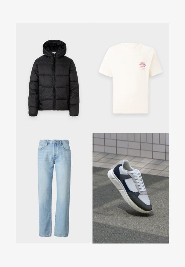 Fekete puffermellény kapucnival, vízszintes steppelésekkel, cipzáros elülső záródással és sima, fényes felülettel.; Fehér, rövid ujjú póló, bal mellen piros szöveggel "Studio Originals Edition", semleges szürke háttér előtt.; Világoskék farmernadrág egyenes szabással, klasszikus ötpocket dizájnnal, és finom elhalványulásokkal az anyagon.; Fehér, tengerészkék és szürke sneaker vegyes anyagokból készült dizájnnal, amely textúrázott felsőrésszel, lapos fűzőkkel és párnázott talppal rendelkezik.