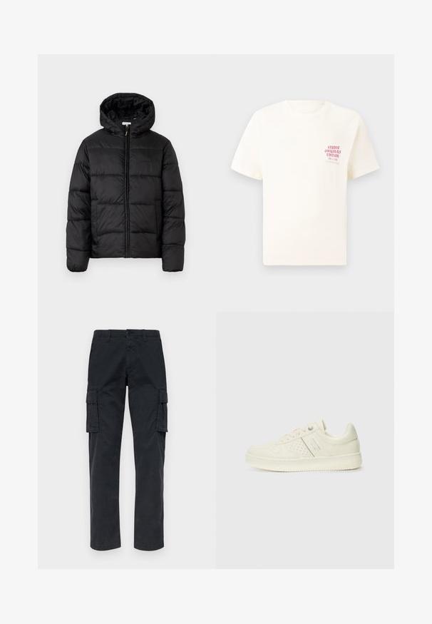 Črna pufasta bunda s kapuco, ki ima vodoravne prešite plošče, sprednje zapiranje na zadrgo in gladko, sijočo teksturo.; Bela majica s kratkimi rokavi z rdečim napisom "Studio Originals Edition" na levi strani prsnega koša, prikazana na nevtralnem sivo backgroundu.; Črne cargo hlače iz trpežne tkanine, z dvema stranskima žepoma, ravnimi nogavicami in gumbom za zapiranje v pasu.; Sneaker v kremni barvi s perforiranim detajlom, vezalkami in logotipom na strani, prikazan na enostavni beli ozadju.