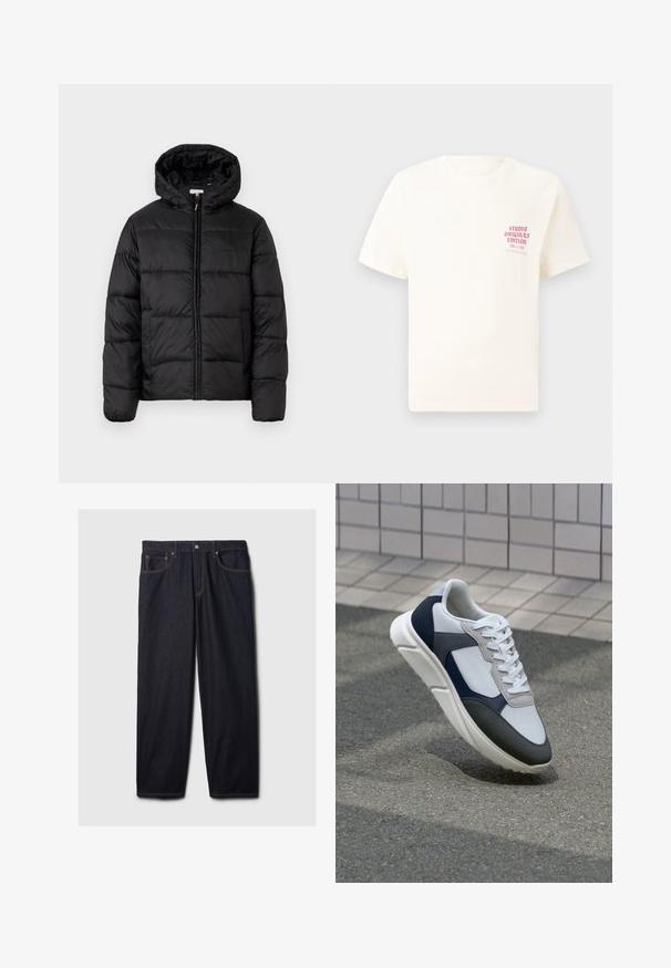 Musternaturmustar coat mustelhoovaga, hrisontaalsete tikandi paneelidega, tõmbluku ees sulgemisega ja sujuva, läikiva tekstuuriga.; Valge lühikeste varrukatega T-särk, millel on vasakul rinnal punane tekst "Studio Originals Edition", esitatud neutraalsel hallil taustal.; Tumedat teksased sääred, otse lõikega, millel on nööbi ja lukuga kinn closure, kaks esikotti ja kontrastset oranžit niiti.; Valge, mereväe sinine ja hall spordijalats, millel on segatud materjalide disain, tekstureeritud ülemine osa, lame pael ja pehme talla.