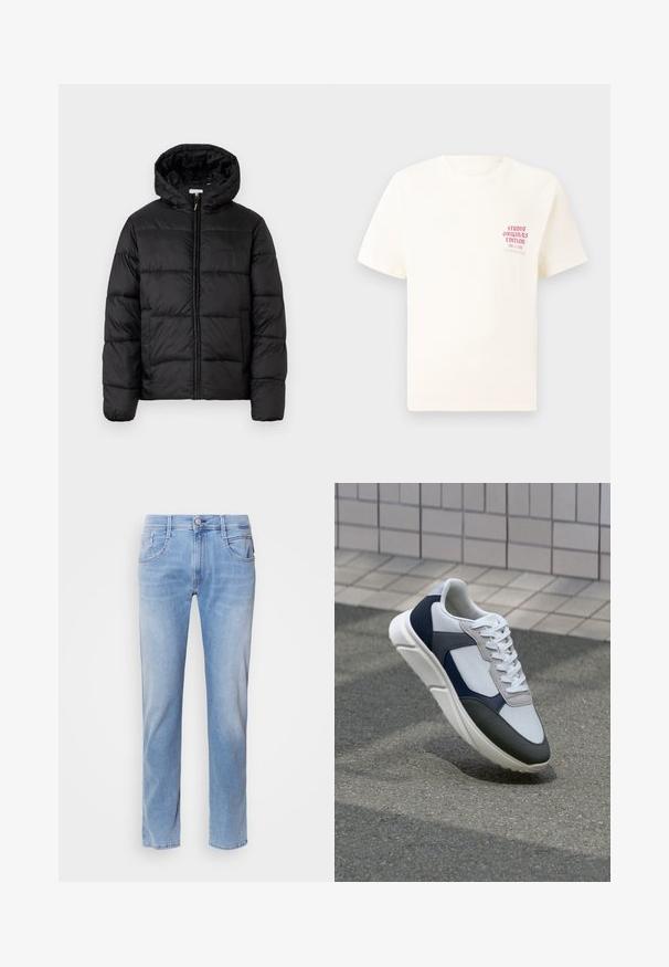 Fekete puffermellény kapucnival, vízszintes steppelésekkel, cipzáros elülső záródással és sima, fényes felülettel.; Fehér, rövid ujjú póló, bal mellen piros szöveggel "Studio Originals Edition", semleges szürke háttér előtt.; Világoskék farmernadrág, egyenes szabású, öt zsebes kialakítással és elől gombos záródással. Kopottas textúrával és finom elhalványulással.; Fehér, tengerészkék és szürke sneaker vegyes anyagokból készült dizájnnal, amely textúrázott felsőrésszel, lapos fűzőkkel és párnázott talppal rendelkezik.