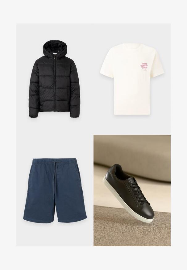 Črna pufasta bunda s kapuco, ki ima vodoravne prešite plošče, sprednje zapiranje na zadrgo in gladko, sijočo teksturo.; Bela majica s kratkimi rokavi z rdečim napisom "Studio Originals Edition" na levi strani prsnega koša, prikazana na nevtralnem sivo backgroundu.; Tamnoma modri šortki iz bombaža z elastičnim pasom in vrvico. Imajo stranske žepke in ravno krojenje.; Črne usnjene superge z belo gumijasto podplatom in črnimi vezalkami, postavljene na bež tkaninsko površino in ozadje.