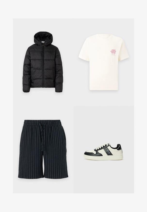 Čierna prešívaná bunda s kapucňou, s horizontálnymi prešívanými panelmi, so zipsom vpredu a hladkou, lesklou textúrou.; Biele tričko s krátkym rukávom s červeným textom "Studio Originals Edition" na ľavej hrudi, zobrazené na neutrálnom šedom pozadí.; Tmavomodré šortky s vertikálnymi svetlými pruhmi, elastickým pásom, sťahovacou šnúrkou a bočnými vreckami. Vyrobené z ľahkého materiálu.; Kožené tenisky v čierno-krémovej farbe, s perforovanými akcentmi, polstrovaným golierom a štruktúrovanou podrážkou.