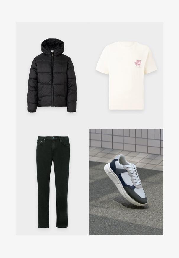 Casaco puffer preto com capuz, apresentando painéis acolchoados horizontais, fecho com zíper na frente e uma textura suave e brilhante.; T-shirt branca de mangas curtas com o texto vermelho "Edição Originais do Estúdio" no lado esquerdo do peito, apresentada sobre um fundo cinza neutro.; Jeans de ganga pretos com um design de perna reta, apresentando um estilo clássico de cinco bolsos e detalhes em metal azul.; Sapatilhas brancas, azuis-marinho e cinzas com um design de materiais mistos, apresentando uma parte superior texturizada, atacadores planos e uma sola acolchoada.