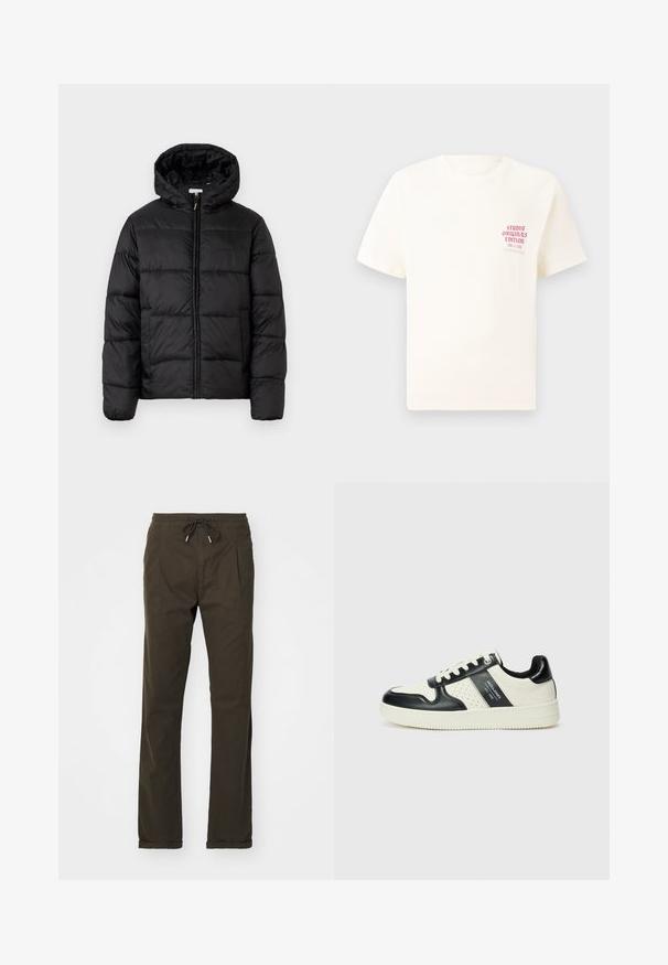 Zwarte pufferjack met een capuchon, met horizontale gestikte panelen, ritssluiting aan de voorkant en een gladde, glanzende textuur.; Witte T-shirt met korte mouwen met rode tekst "Studio Originals Edition" op de linker borst, weergegeven op een neutrale grijze achtergrond.; Bruine joggingsbroek van zachte stof, met zijzakken en een comfortabele pasvorm, en omgeslagen manchetten aan de onderkant.; Leren sneakers met een zwart en crèmekleurig kleurenschema, voorzien van geperforeerde accenten, een gevoerde kraag en een gestructureerde buitenzool.