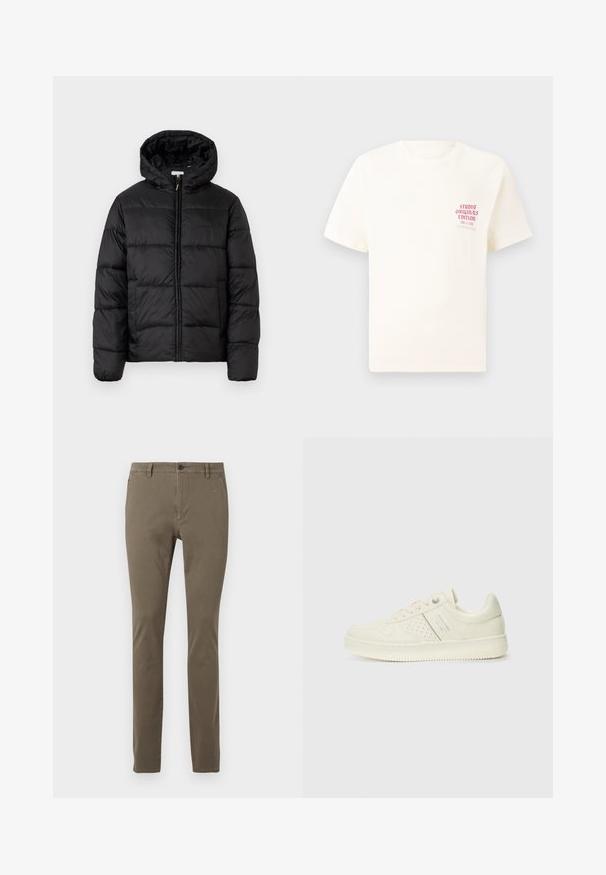 Fekete puffermellény kapucnival, vízszintes steppelésekkel, cipzáros elülső záródással és sima, fényes felülettel.; Fehér, rövid ujjú póló, bal mellen piros szöveggel "Studio Originals Edition", semleges szürke háttér előtt.; Slim fit khaki nadrág övhurkokkal, elülső gombbal, cipzáros záródással és oldalsó zsebekkel, fehér háttéren bemutatva.; Krém színű sneaker perforált részletekkel, fűzőkkel és logóval az oldalán, egy sima fehér háttér előtt kiállítva.