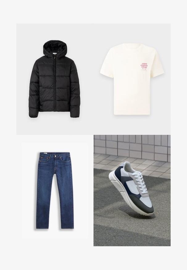 Svart puffjakke med hette, med horisontale quiltpaneler, glidelås foran og en glatt, shiny tekstur.; Hvit T-skjorte med korte ermer og rød tekst "Studio Originals Edition" på venstre bryst, vist på en nøytral grå bakgrunn.; Mørkeblå rette jeans med klassisk fem-lomme stil og knaplukning, vist mot en hvit bakgrunn.; Hvitt, marineblått og grått sportsko med en blandet materialdesign, som har en teksturert overdel, flate snørebånd og en polstret såle.