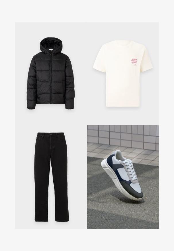 Casaco puffer preto com capuz, apresentando painéis acolchoados horizontais, fecho com zíper na frente e uma textura suave e brilhante.; T-shirt branca de mangas curtas com o texto vermelho "Edição Originais do Estúdio" no lado esquerdo do peito, apresentada sobre um fundo cinza neutro.; Calças de ganga pretas com um design de perna reta, apresentando um fecho de botão, passadores para cinto e um estilo clássico de cinco bolsos.; Sapatilhas brancas, azuis-marinho e cinzas com um design de materiais mistos, apresentando uma parte superior texturizada, atacadores planos e uma sola acolchoada.