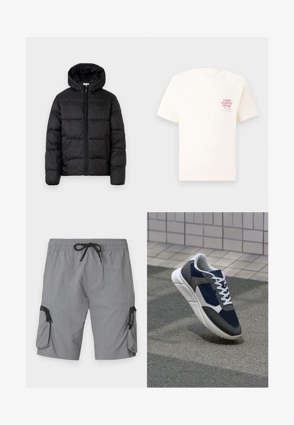 Svart puffjakke med hette, med horisontale quiltpaneler, glidelås foran og en glatt, shiny tekstur.; Hvit T-skjorte med korte ermer og rød tekst "Studio Originals Edition" på venstre bryst, vist på en nøytral grå bakgrunn.; Grå cargo shorts laget av lett materiale, med elastisk midje og snor, sidelommer og en dekorativ lommeslomme med glidelås.; Sneakers med en navy blå mesh-overdel, grå sømværk, hvit gummisåle og flate hvite snører, designet for komfort og pusteevne.