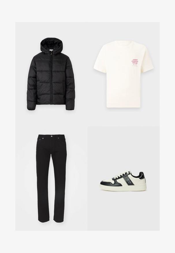Čierna prešívaná bunda s kapucňou, s horizontálnymi prešívanými panelmi, so zipsom vpredu a hladkou, lesklou textúrou.; Biele tričko s krátkym rukávom s červeným textom "Studio Originals Edition" na ľavej hrudi, zobrazené na neutrálnom šedom pozadí.; Čierne denimové džínsy s rovnými nohavicami, dizajnom na päť vreciek a kovovou gombíkovou prackou na páse. Hladká textúra, žiadne viditeľné vzory.; Kožené tenisky v čierno-krémovej farbe, s perforovanými akcentmi, polstrovaným golierom a štruktúrovanou podrážkou.